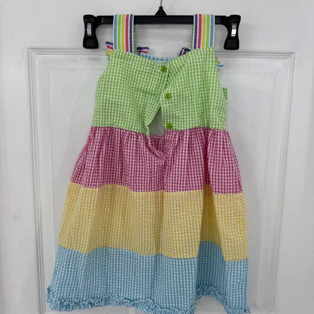 Rare Edition Girls Gingham Seersucker Fish Applique Tiered Dress Multicolor Sz 5